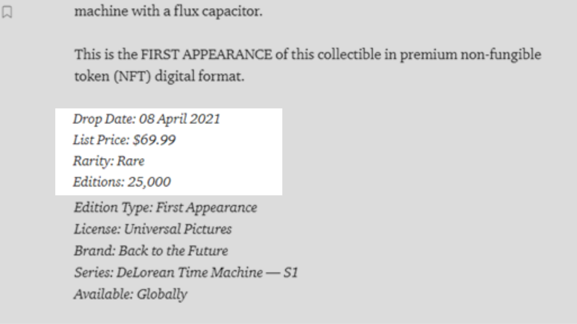 The price for VeVe's 25,000 edition release of a static DeLorean Time Machine