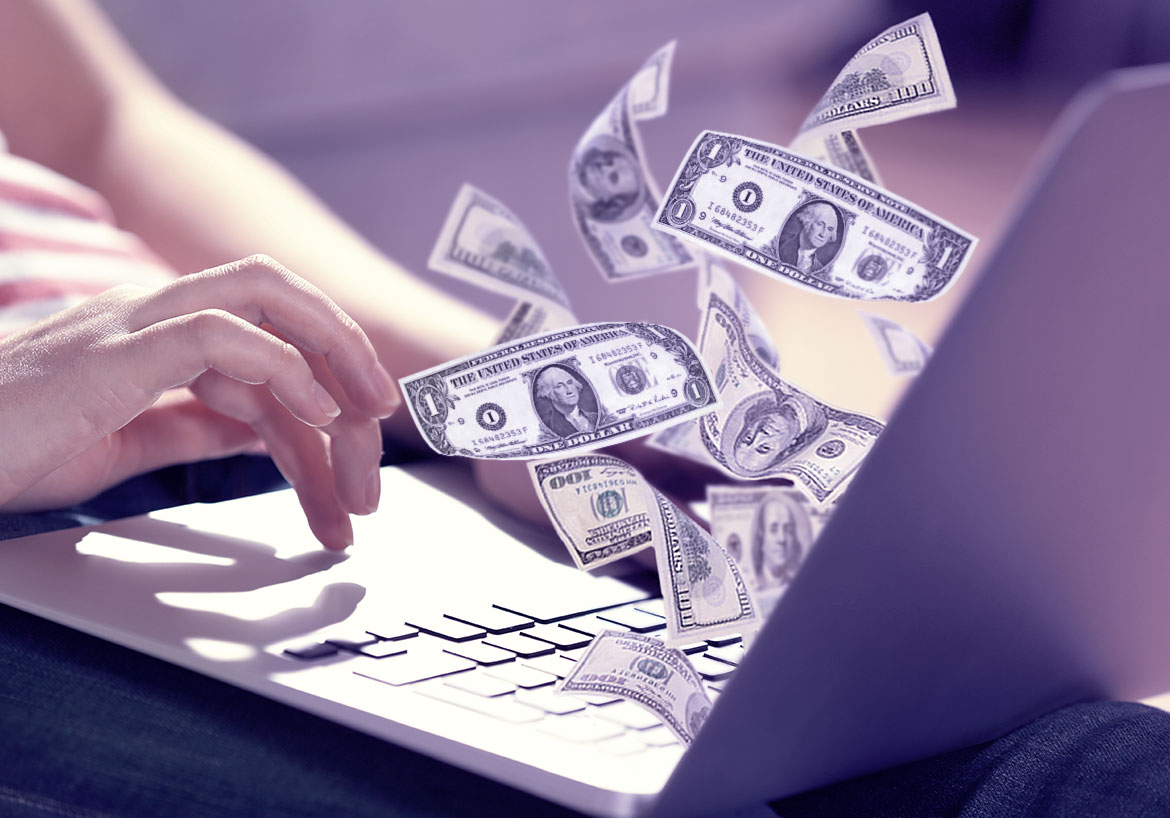 money flowing in laptop