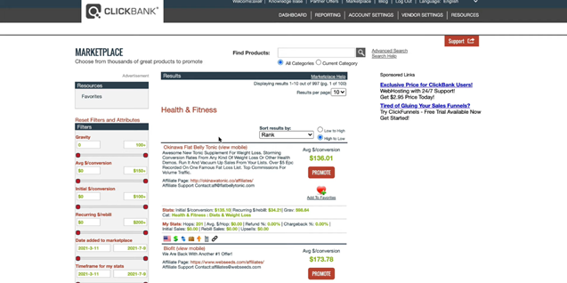 Clickbank marketplace under health and fitness section