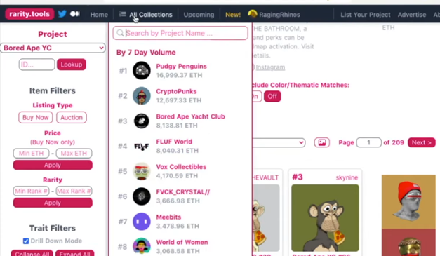 a screenshot of nft list of collections at rarity.tools