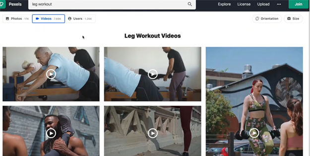 screenshot of a pexel website with leg workout videos as keyword