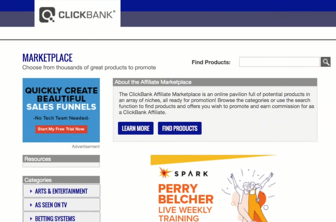 Clickbank Marketplace page